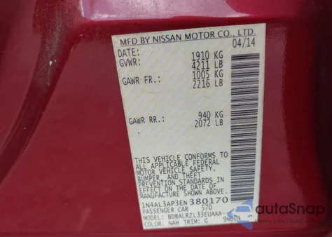 2014 Nissan Altima 2.5/2.5 S/2.5 Sl/2.5 Sv z USA, uszkodzony, nr VIN 1N4AL3AP3EN380170